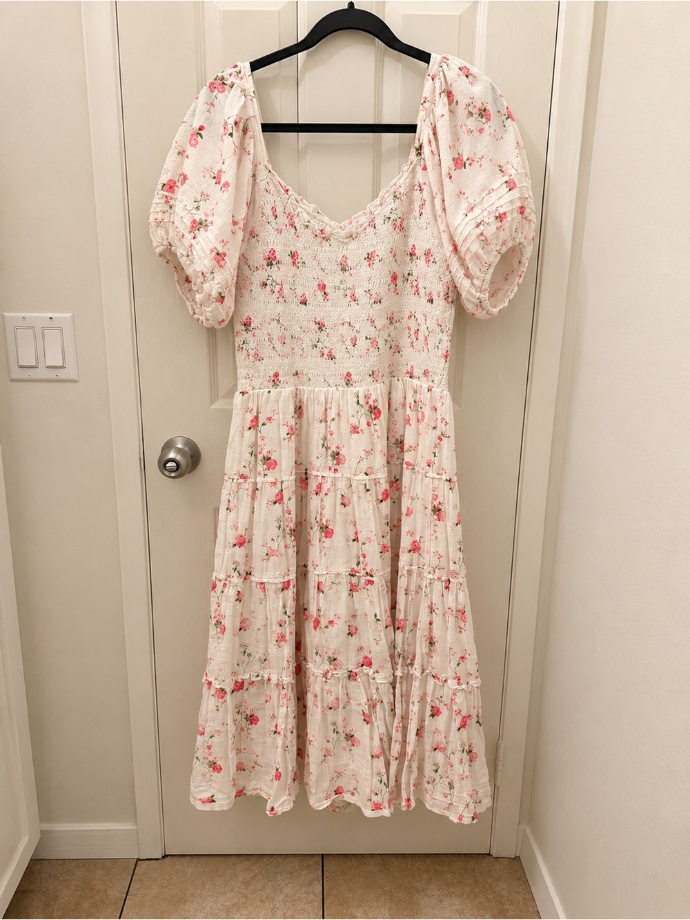 Ivy City Co White Floral Midi Dress with Pink Roses